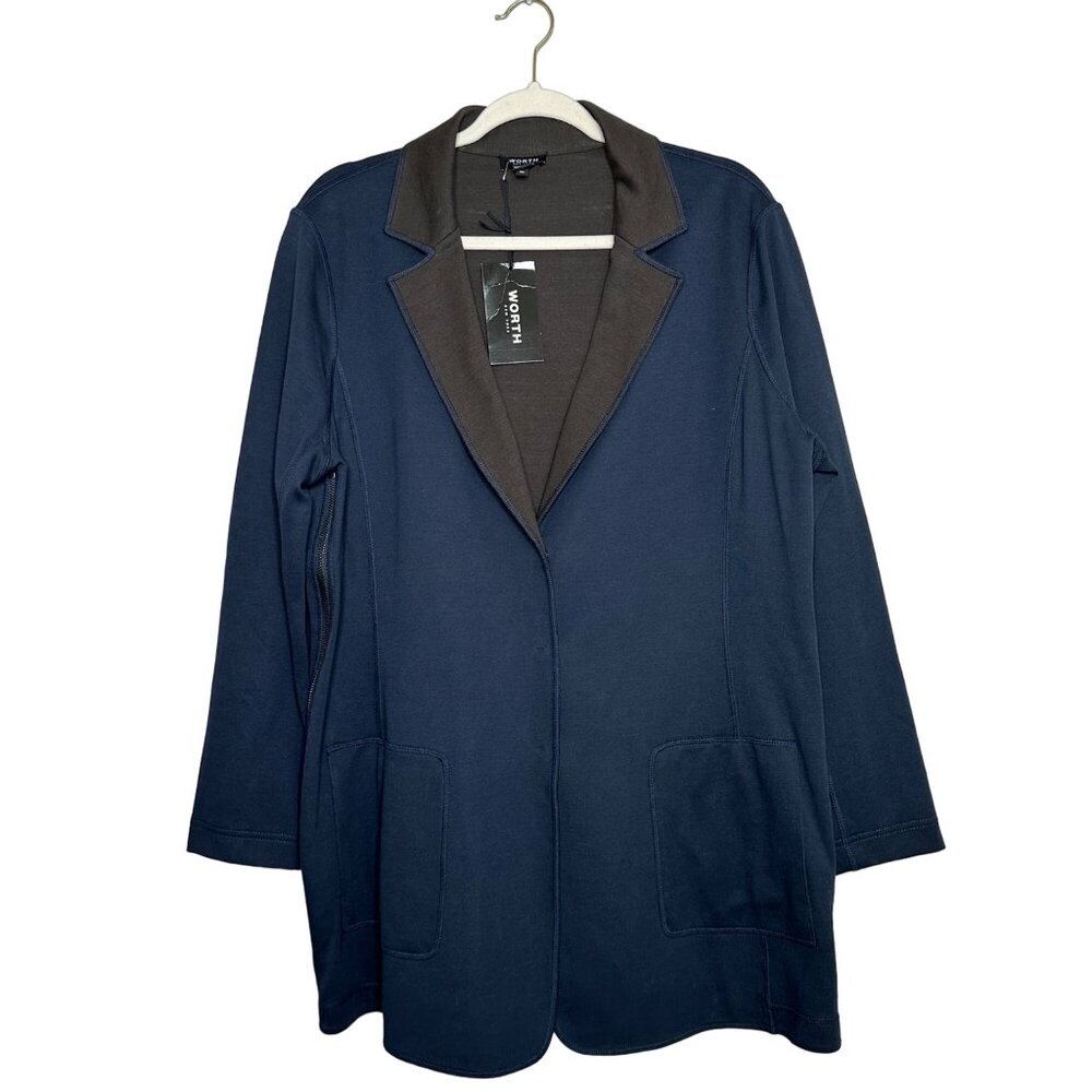 Worth New York Knit Blazer Size XL Navy Blue Brown Side Zipper Collar Pocket New